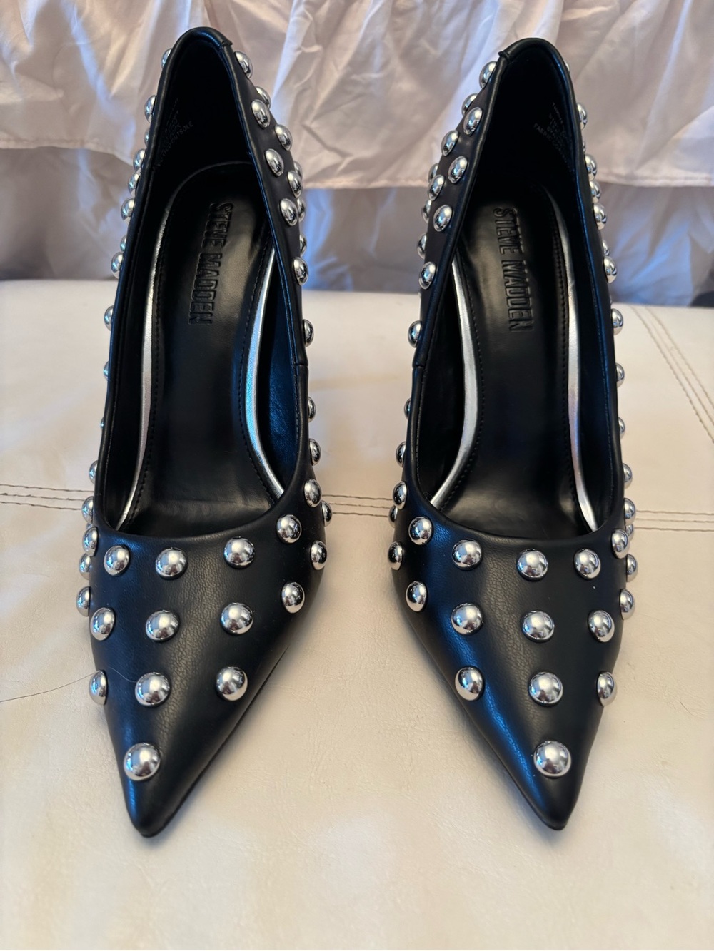 Steve Madden Black Leather Pointed Toe Stud Heels